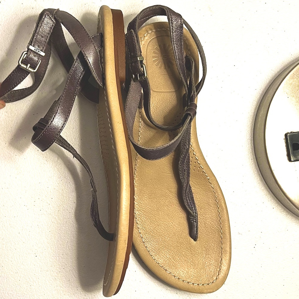 Ugg | Women’s Leather Strappy Sandal Metallic Pewter Silver Summer Shoes 8.5